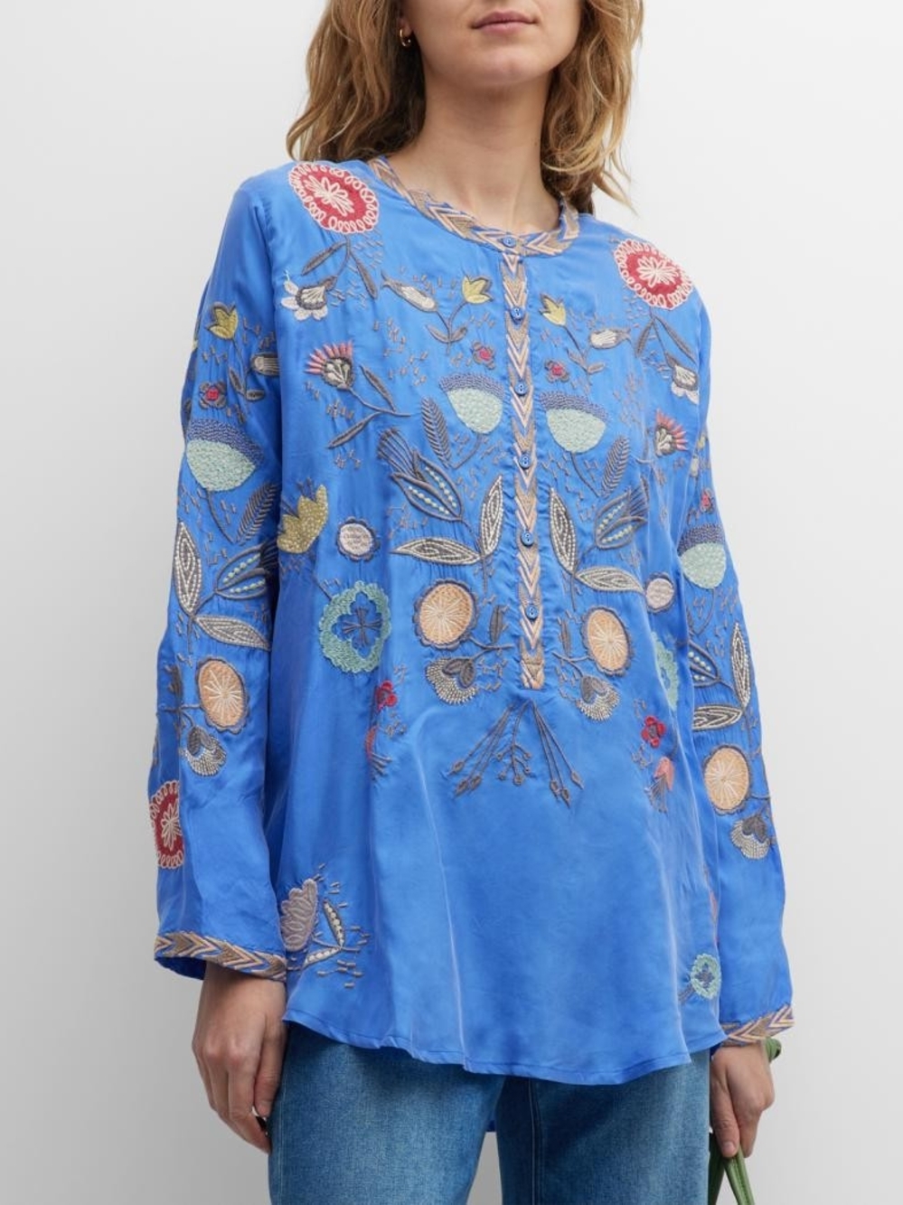 Johnny Was Bright Blue Embroidered Floral Tunic